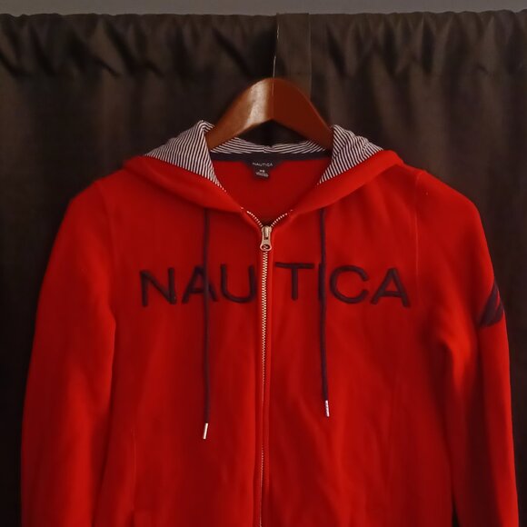 Nautica Red Full-Zip Hoodie Sweatshirt XS Embroidered Logo Striped Hoodie - Picture 3 of 5
